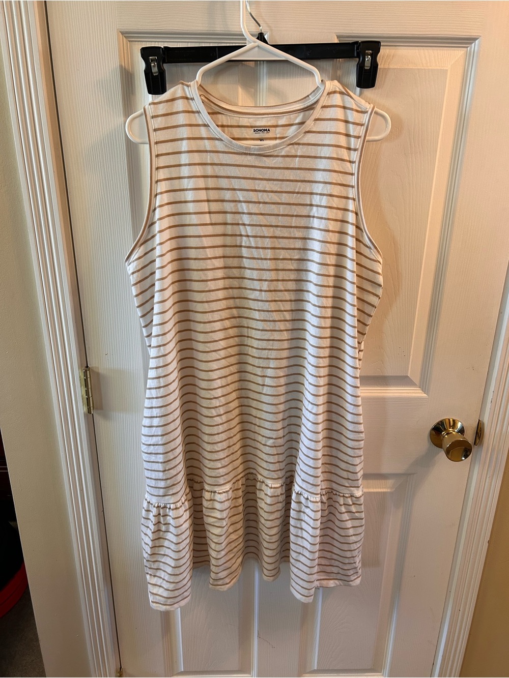 Sonoma Cream and Tan Striped Sleeveless Sundress